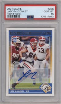 Ladd McConkey from the 2024 Panini Score set graded by PSA and given an overall grade of 10.