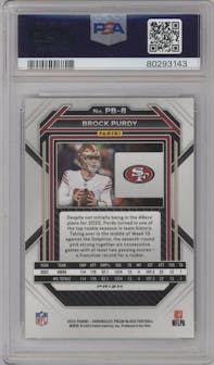 Brock Purdy from the 2022 Panini Chronicles set featuring a Silver parallel graded by PSA and given an overall grade of 10.