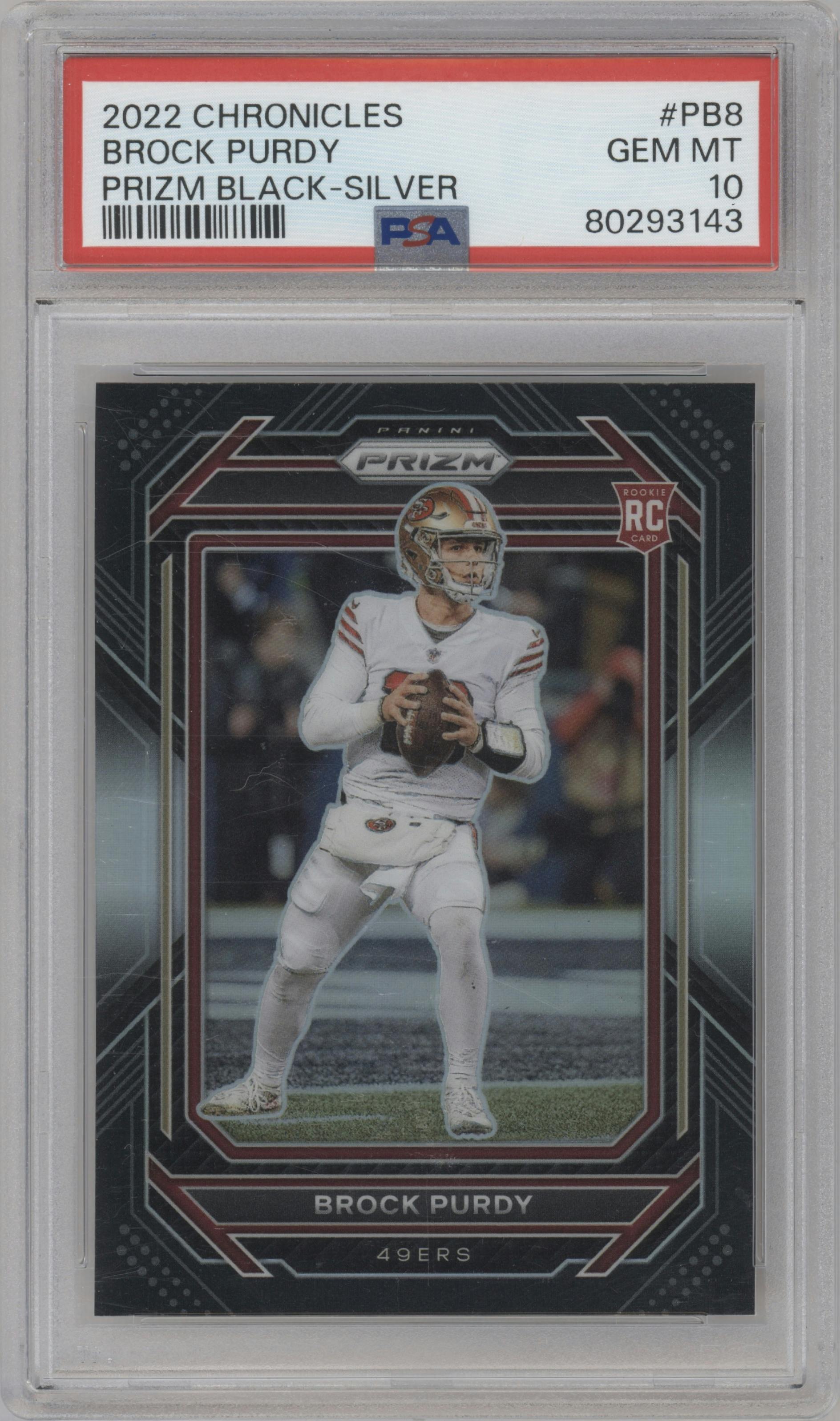 Brock Purdy from the 2022 Panini Chronicles set featuring a Silver parallel graded by PSA and given an overall grade of 10.