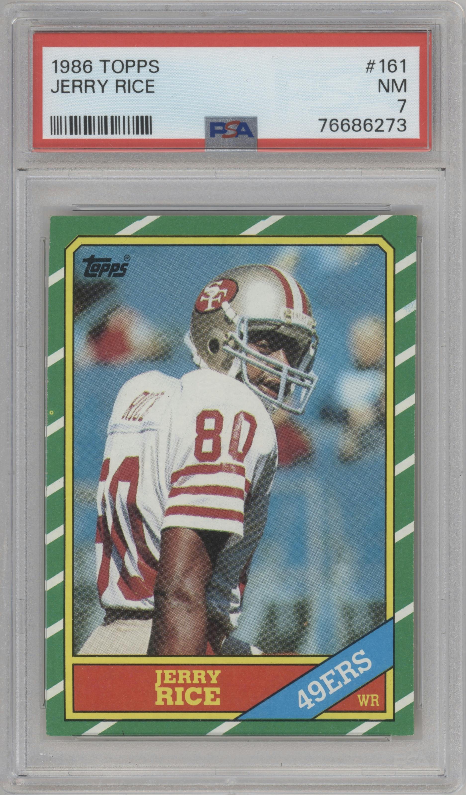 Jerry Rice from the 1986 Topps set graded by PSA and given an overall grade of 7.