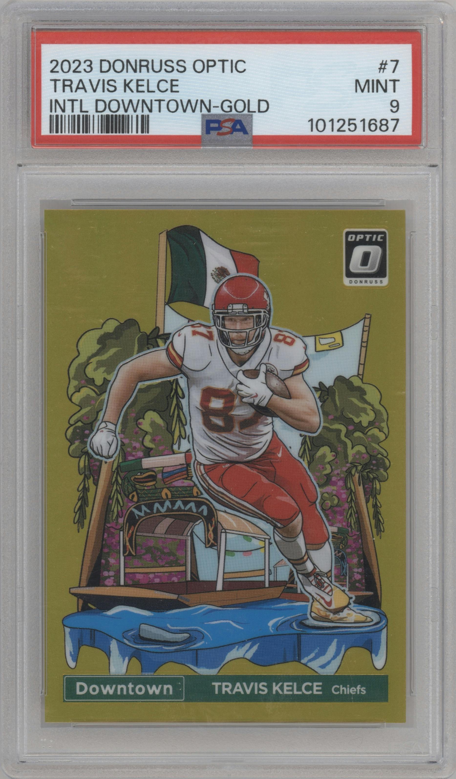 Travis Kelce from the 2023 Donruss Optic set featuring a Gold parallel graded by PSA and given an overall grade of 9.
