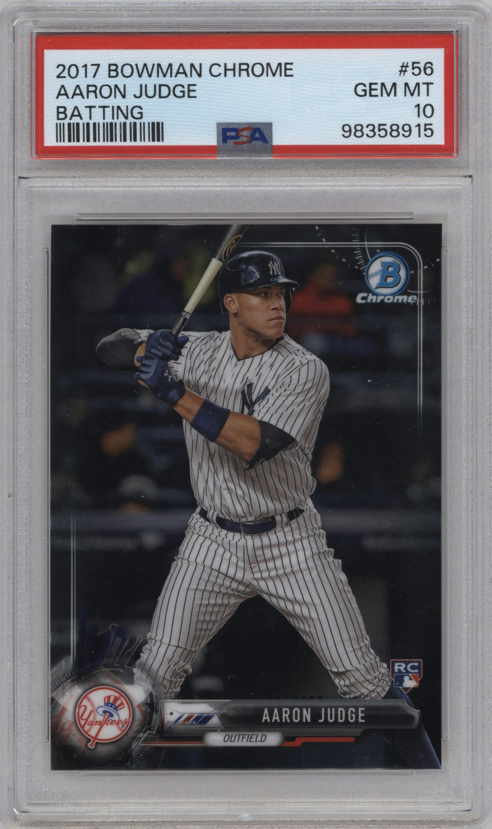 Aaron Judge from the 2017 Bowman Chrome set graded by PSA and given an overall grade of 10.