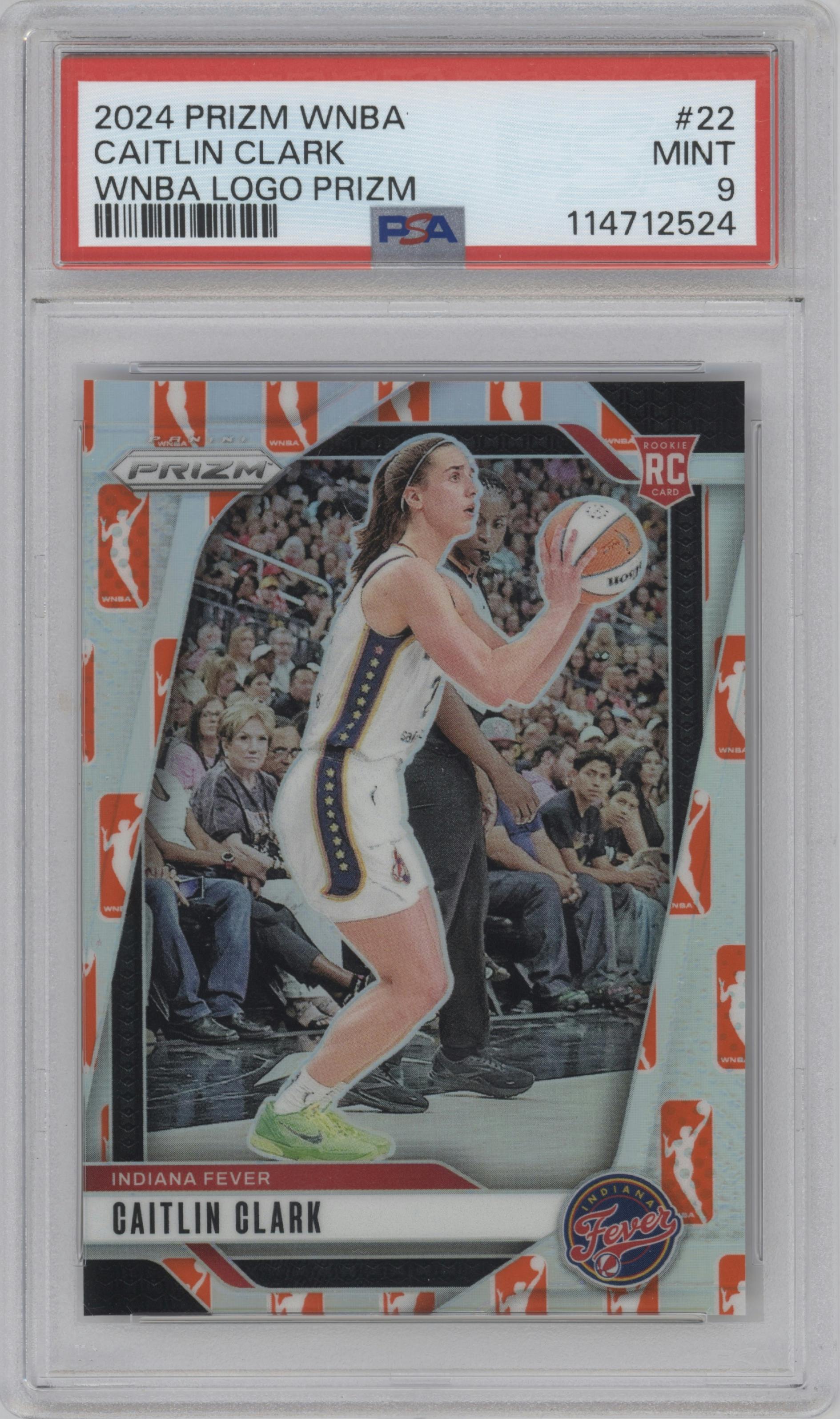Caitlin Clark from the 2024 Panini Prizm WNBA set featuring a WNBA Logo Prizm parallel graded by PSA and given an overall grade of 9.