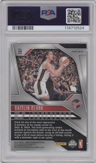 Caitlin Clark from the 2024 Panini Prizm WNBA set featuring a WNBA Logo Prizm parallel graded by PSA and given an overall grade of 9.