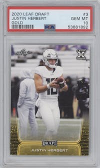Justin Herbert from the 2020 Leaf Draft set featuring a Gold parallel graded by PSA and given an overall grade of 10.