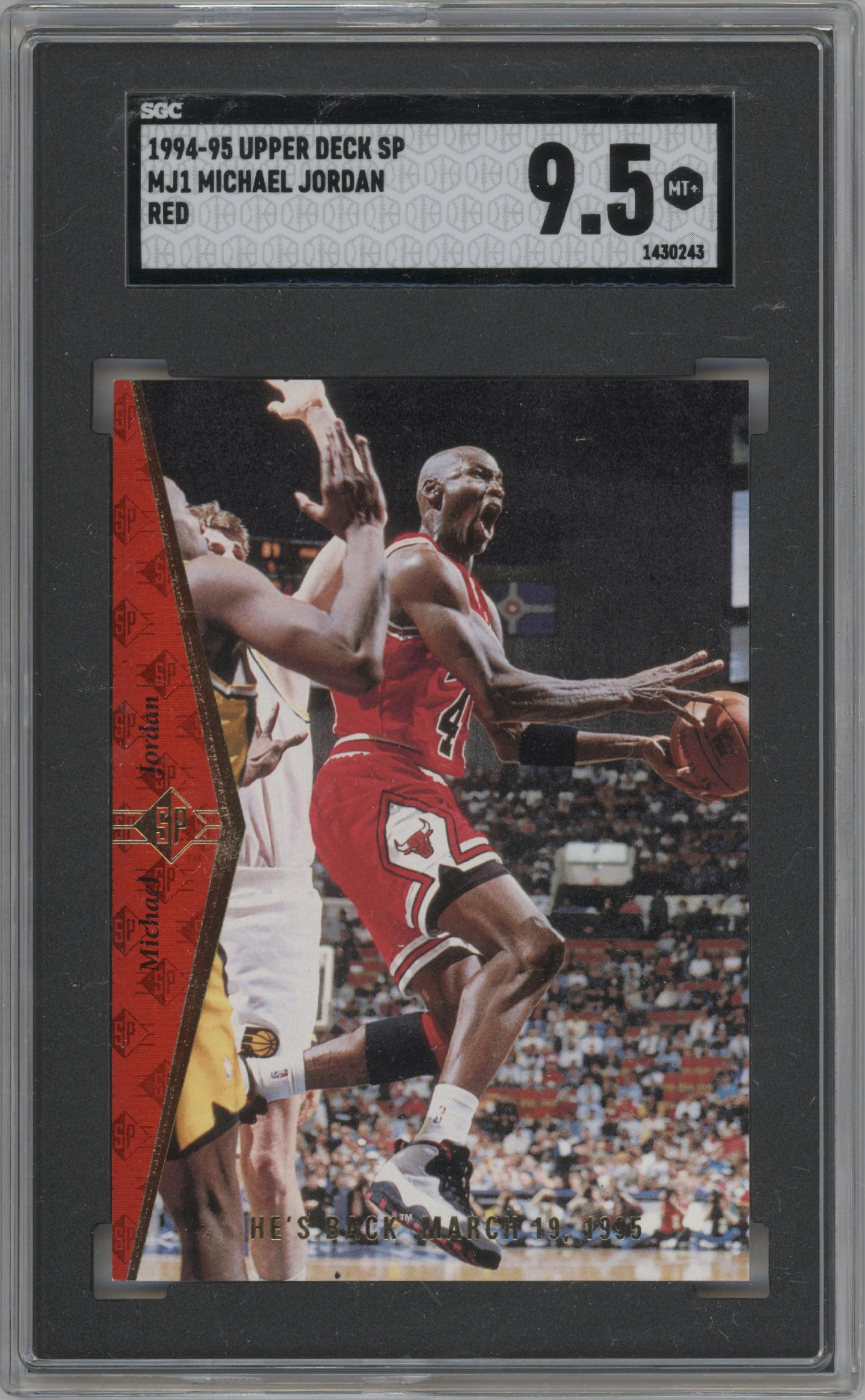 Michael Jordan from the 1994-95 Upper Deck SP set featuring a Red parallel graded by SGC and given an overall grade of 9.5.