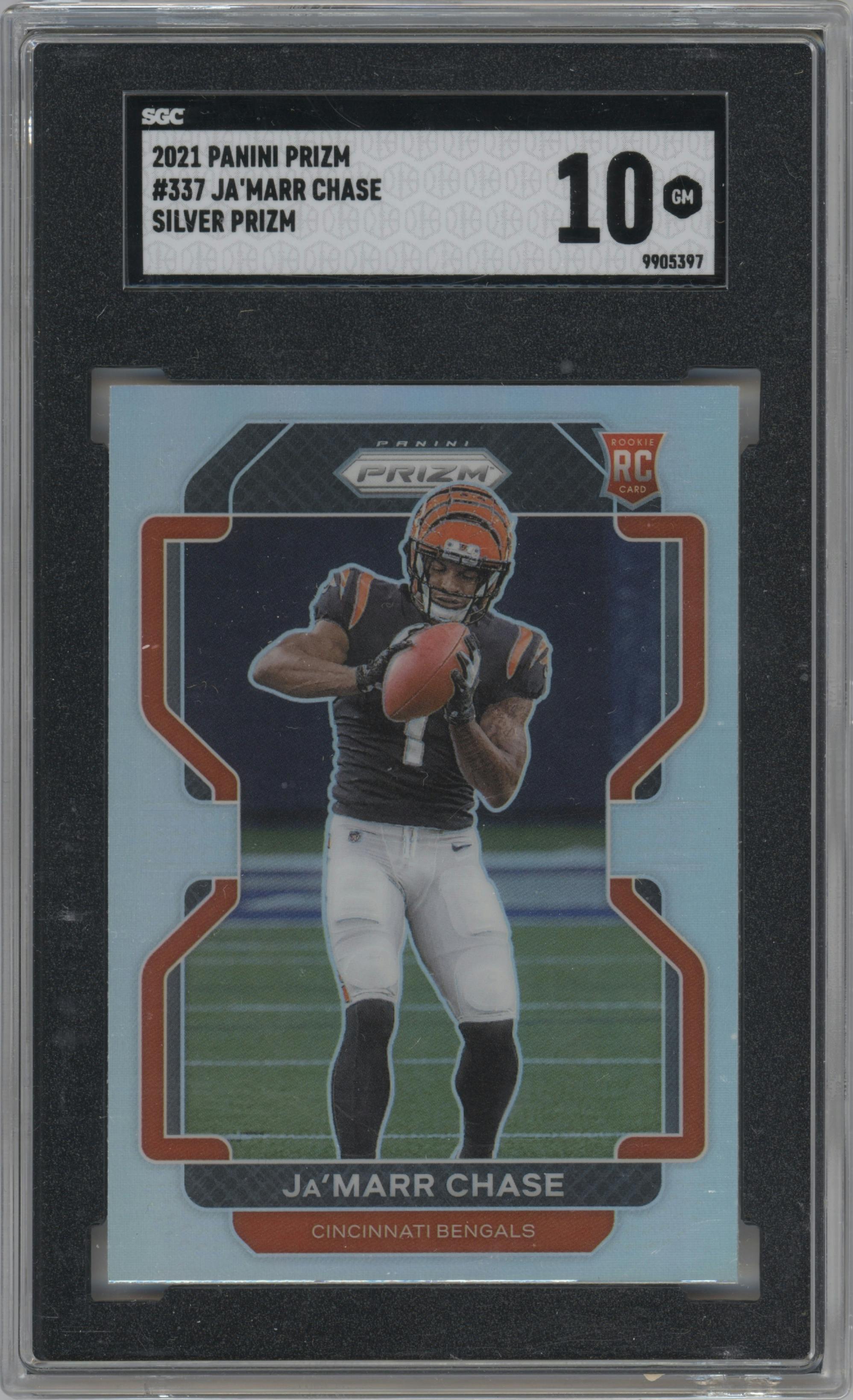 Ja'Marr Chase from the 2021 Panini Prizm set featuring a Silver Prizm parallel graded by SGC and given an overall grade of 10.