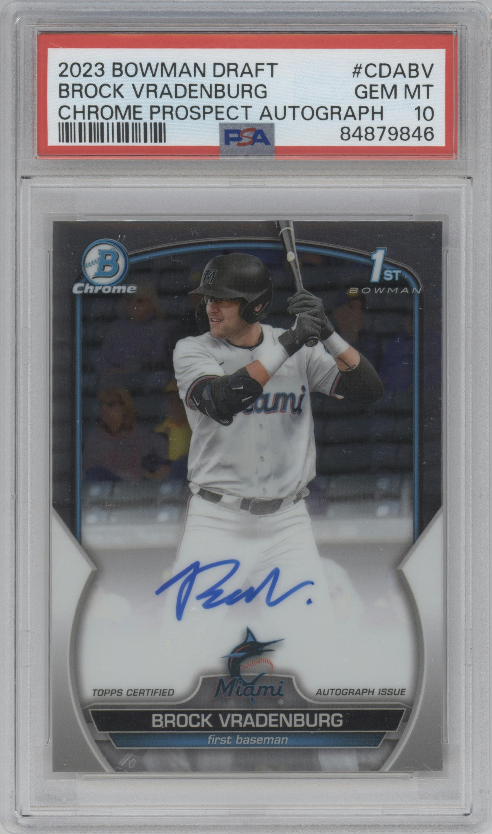 Brock Vradenburg from the 2023 Bowman Draft set graded by PSA and given an overall grade of 10.