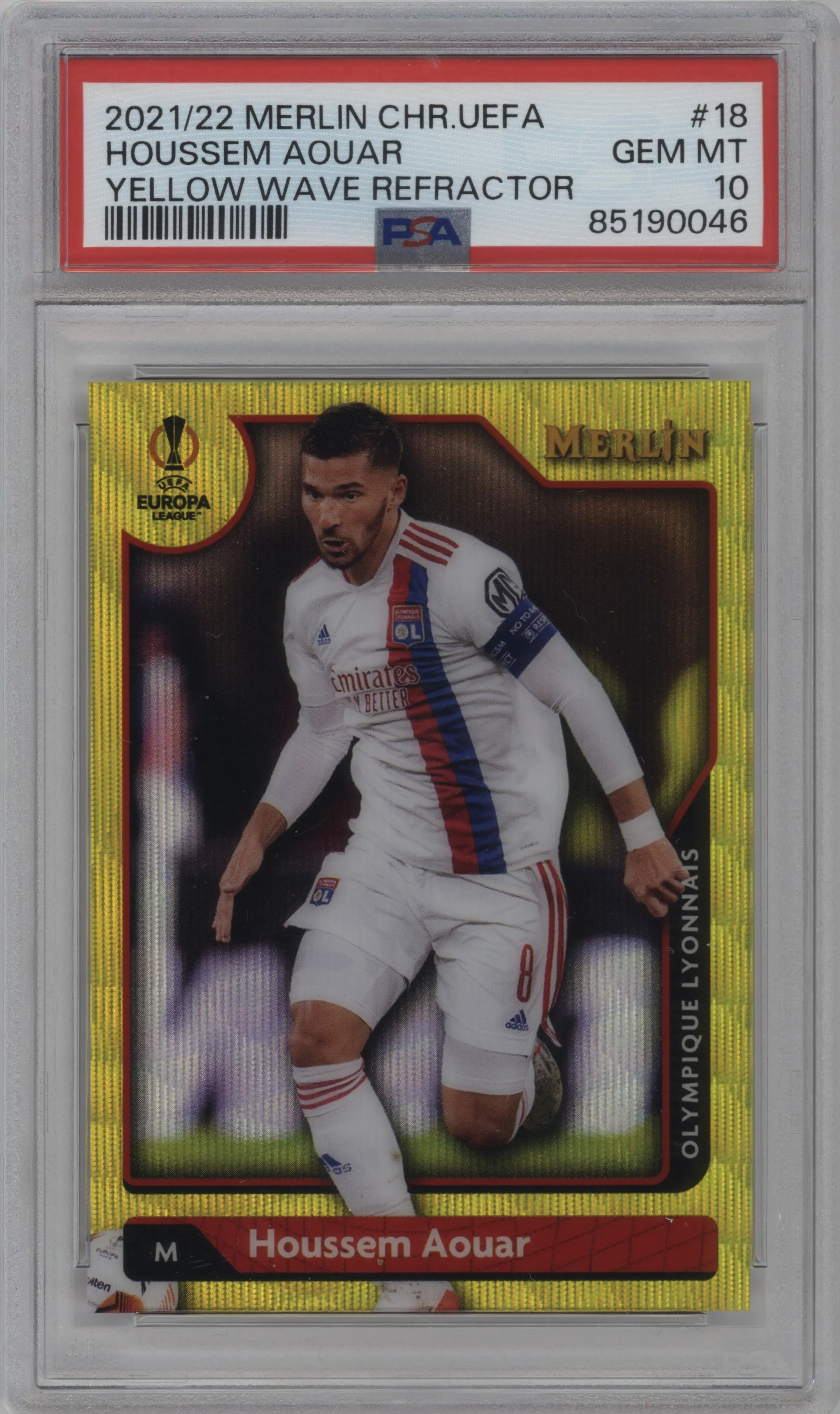 2021 Topps Merlin Chrome UEFA League Houssem Aouar Yellow Wave Refractor PSA 10