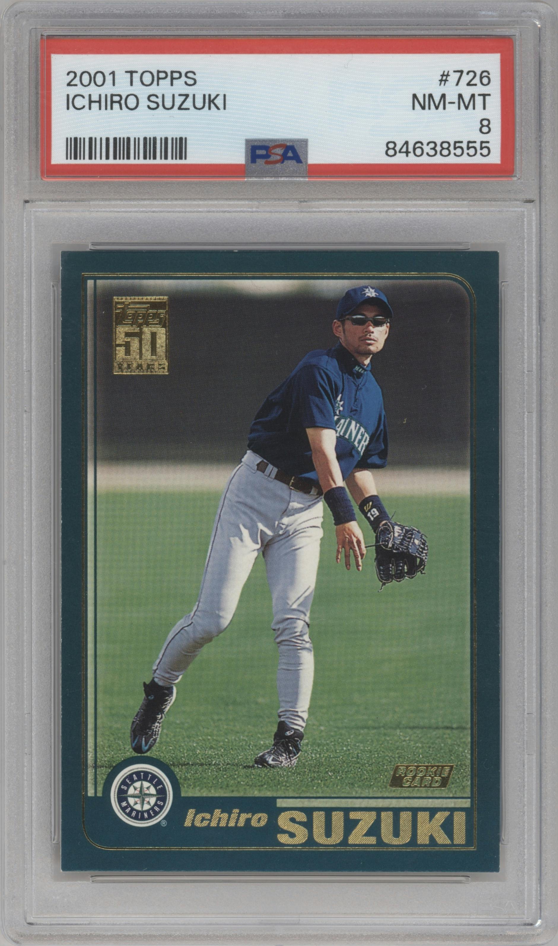 Ichiro Suzuki from the 2001 Topps set graded by PSA and given an overall grade of 8.