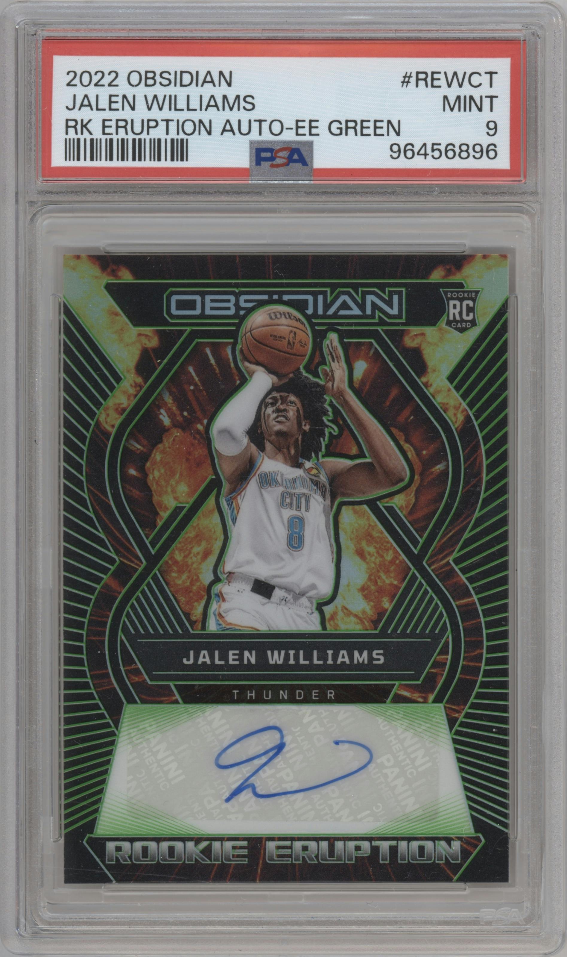 Jalen Williams from the 2022-23 Panini Obsidian set featuring a Electric Etch Green parallel graded by PSA and given an overall grade of 9.