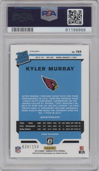 Kyler Murray from the 2019 Panini Donruss Optic set featuring a Blue parallel graded by PSA and given an overall grade of 9.