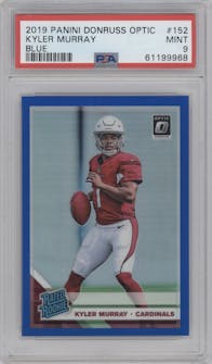 Kyler Murray from the 2019 Panini Donruss Optic set featuring a Blue parallel graded by PSA and given an overall grade of 9.