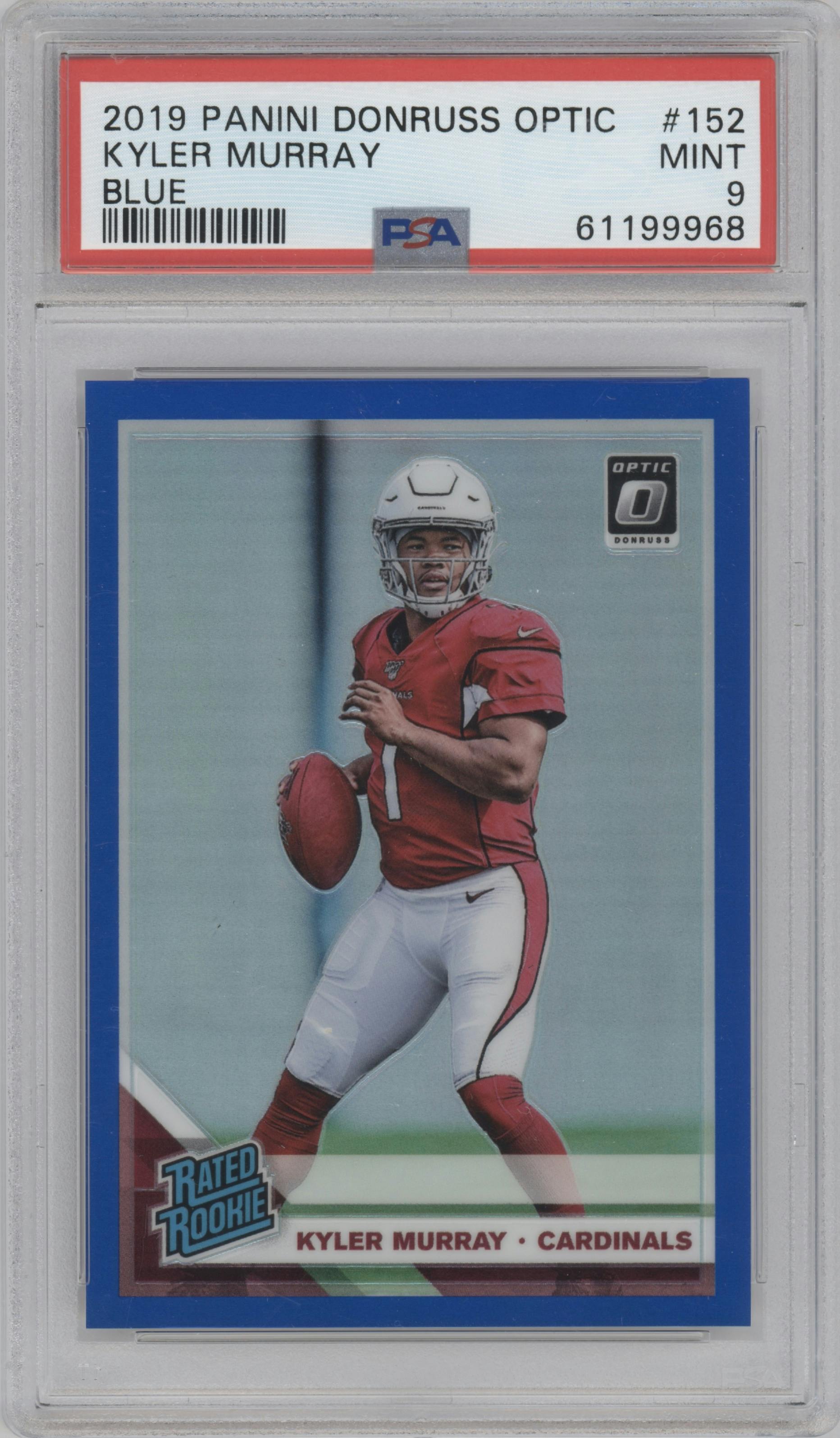 Kyler Murray from the 2019 Panini Donruss Optic set featuring a Blue parallel graded by PSA and given an overall grade of 9.