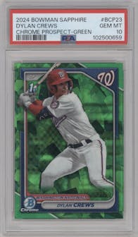Dylan Crews from the 2024 Bowman Sapphire Edition set featuring a Green parallel graded by PSA and given an overall grade of 10.