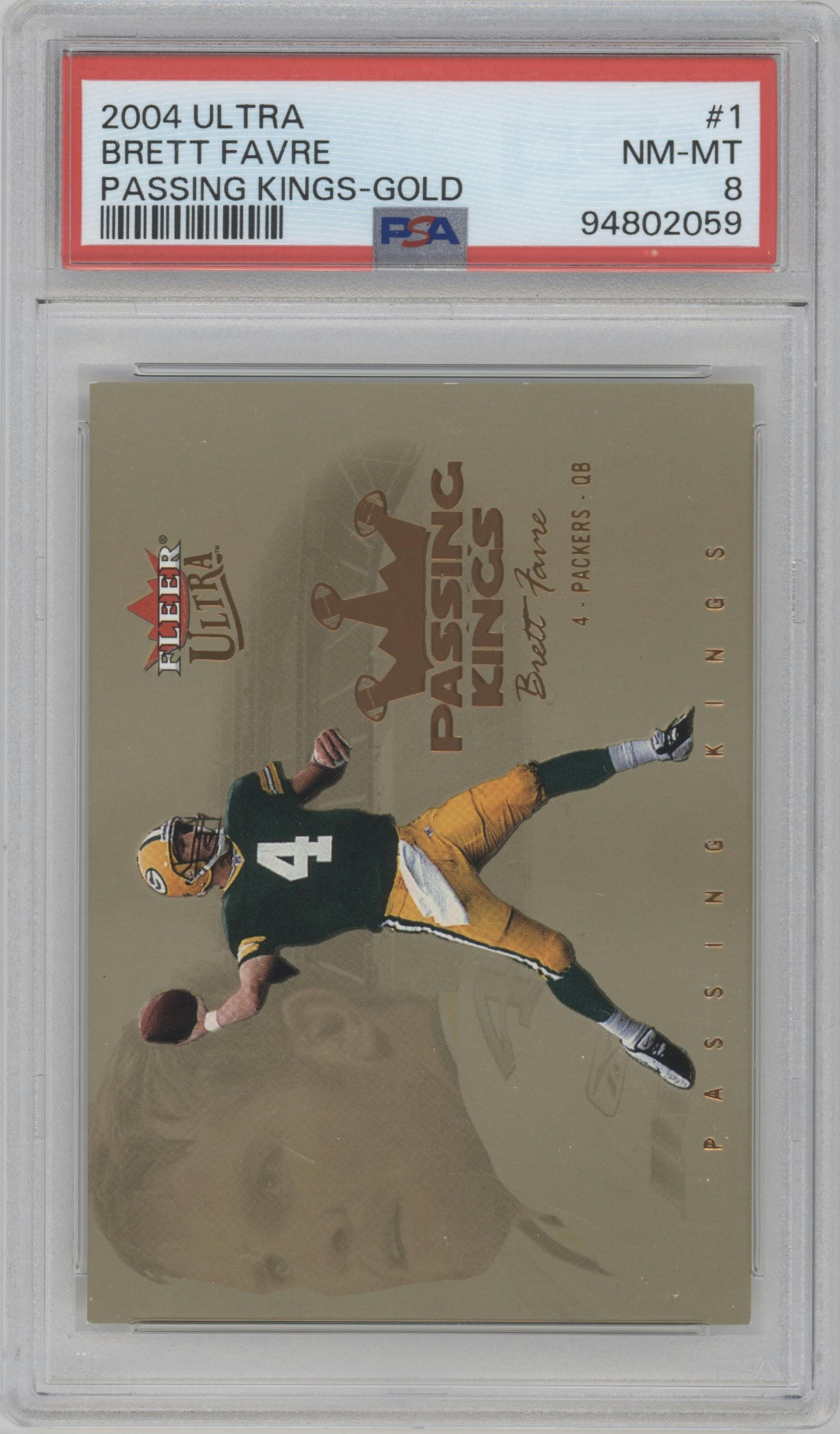 Brett Favre from the 2004 Ultra set featuring a Gold parallel graded by PSA and given an overall grade of 8.