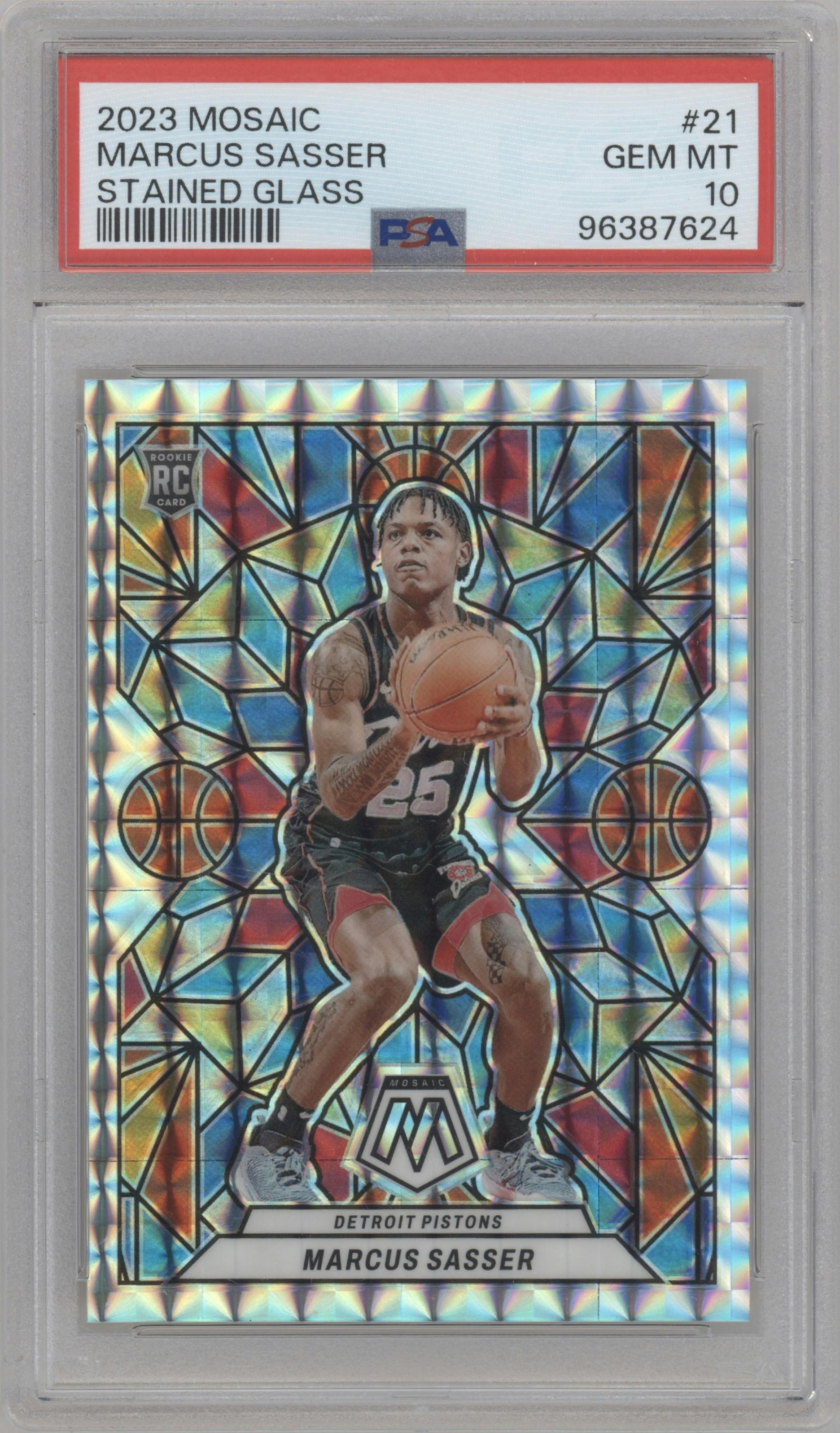 Marcus Sasser from the 2023-24 Panini Mosaic set graded by PSA and given an overall grade of 10.
