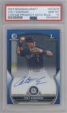 Colt Emerson from the 2023 Bowman Draft set featuring a Blue Refractor parallel graded by PSA and given an overall grade of 10.