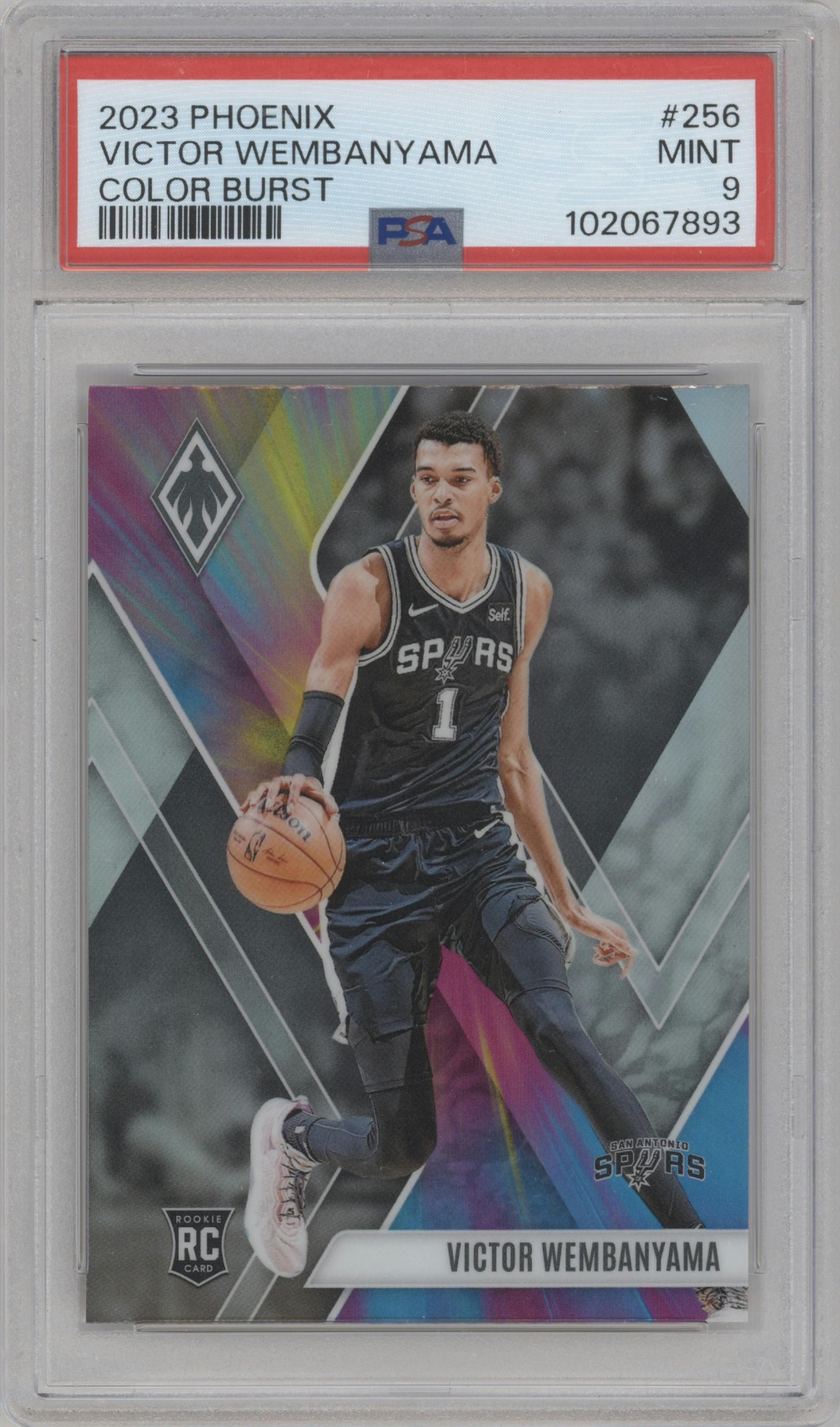 Victor Wembanyama  from the 2023-24 Panini Phoenix set graded by PSA and given an overall grade of 9.