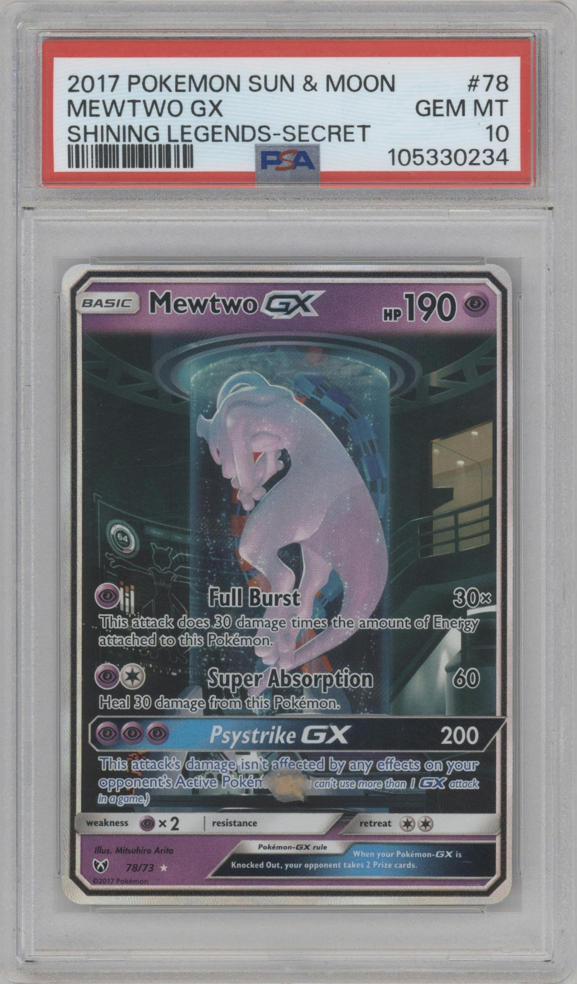 Mewtwo GX from the 2017 Pokemon S&M set graded by PSA and given an overall grade of 10.