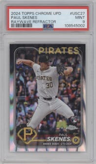 Paul Skenes from the 2024 Topps Chrome Update set featuring a RayWave Refractor parallel graded by PSA and given an overall grade of 9.