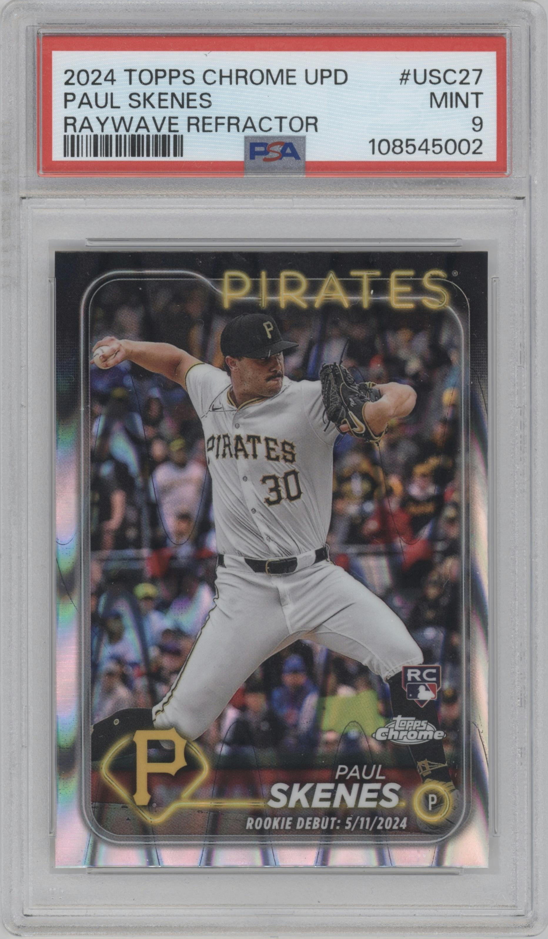 Paul Skenes from the 2024 Topps Chrome Update set featuring a RayWave Refractor parallel graded by PSA and given an overall grade of 9.