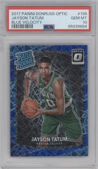 Jayson Tatum from the 2017-18 Panini Donruss Optic set featuring a Blue Velocity parallel graded by PSA and given an overall grade of 10.