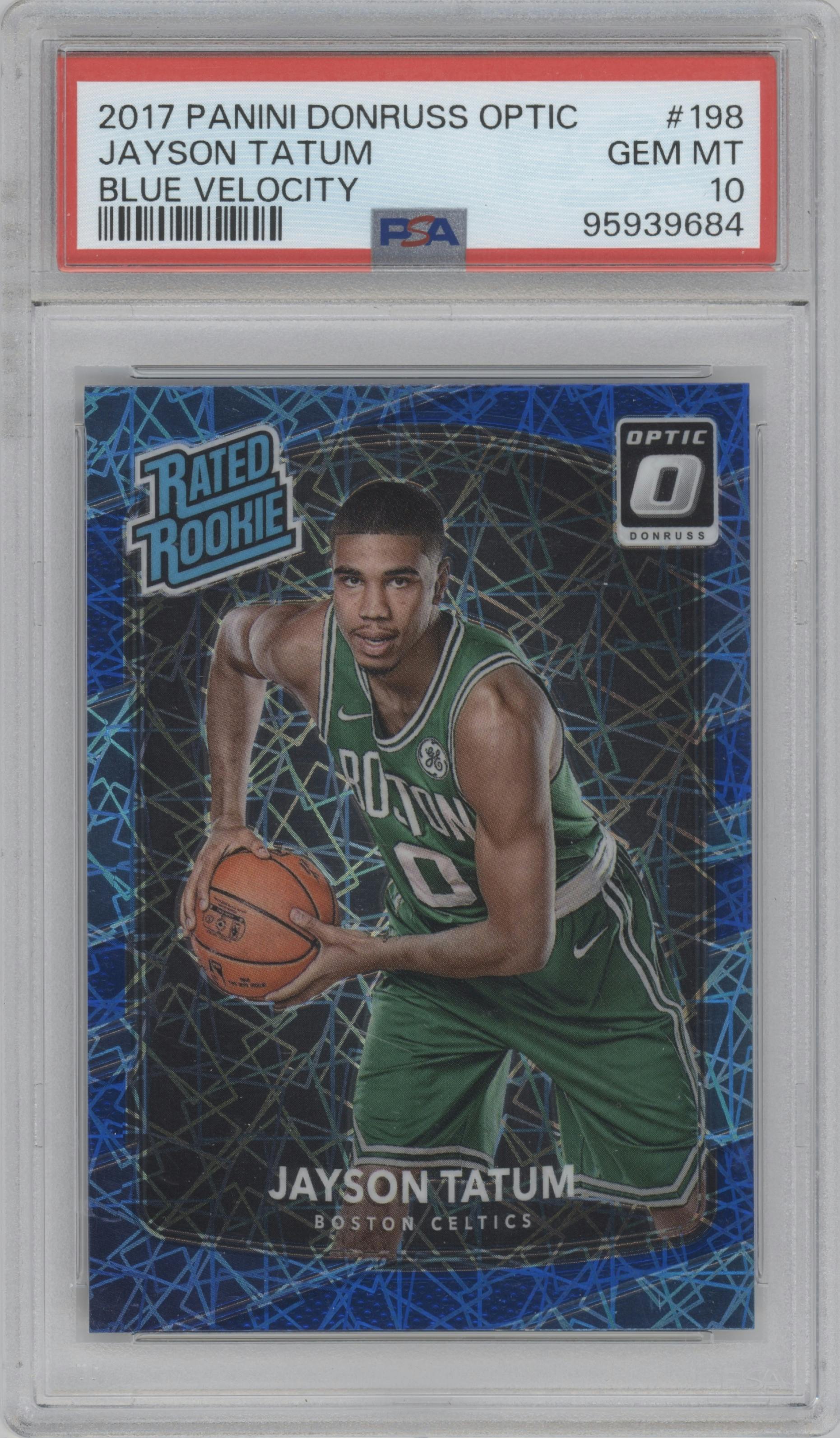 Jayson Tatum from the 2017-18 Panini Donruss Optic set featuring a Blue Velocity parallel graded by PSA and given an overall grade of 10.