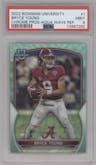 Bryce Young from the 2022 Bowman University Chrome set featuring a Aqua Wave Refractor parallel graded by PSA and given an overall grade of 9.