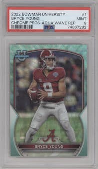Bryce Young from the 2022 Bowman University Chrome set featuring a Aqua Wave Refractor parallel graded by PSA and given an overall grade of 9.