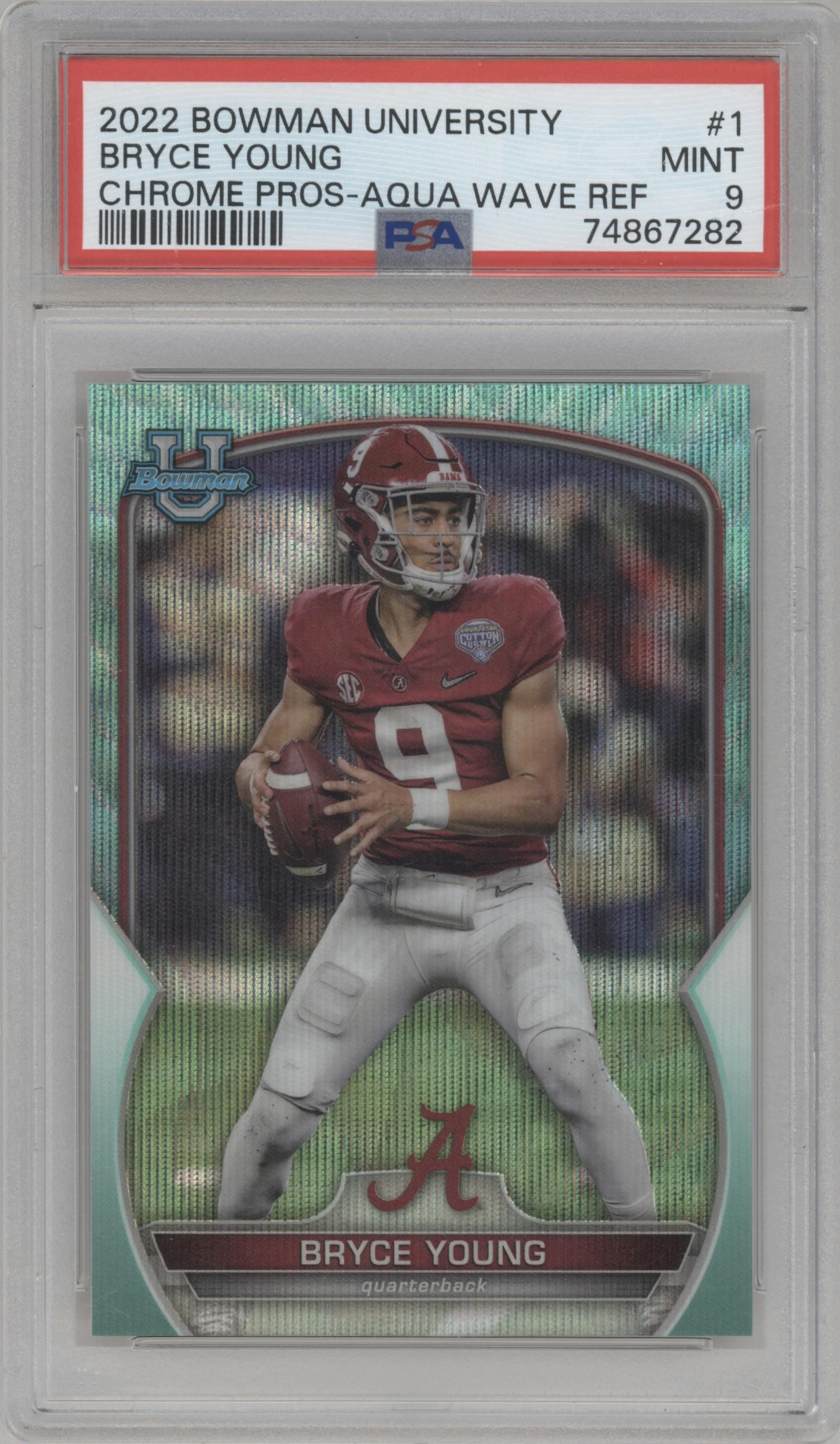 Bryce Young from the 2022 Bowman University Chrome set featuring a Aqua Wave Refractor parallel graded by PSA and given an overall grade of 9.