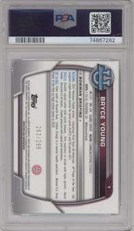 Bryce Young from the 2022 Bowman University Chrome set featuring a Aqua Wave Refractor parallel graded by PSA and given an overall grade of 9.