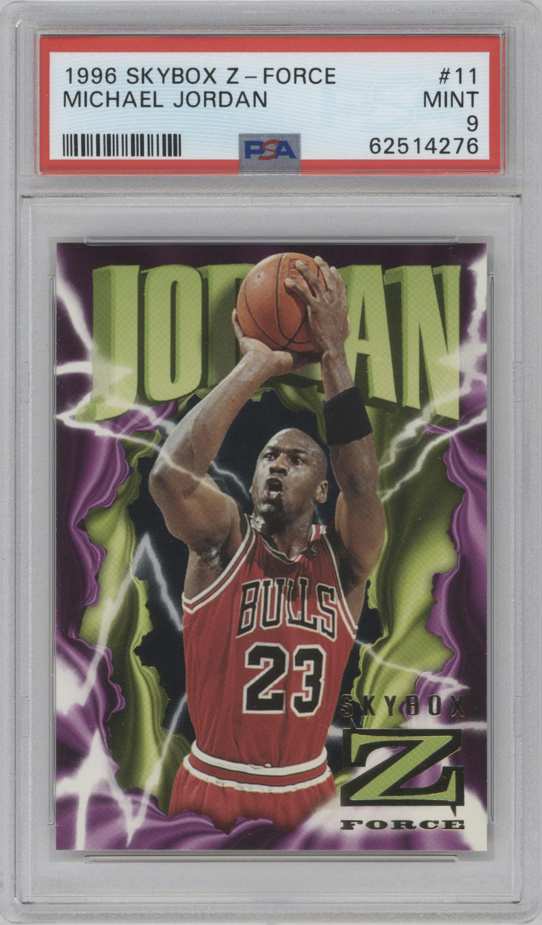 Michael Jordan from the 1996-97 Skybox Z-Force set graded by PSA and given an overall grade of 9.