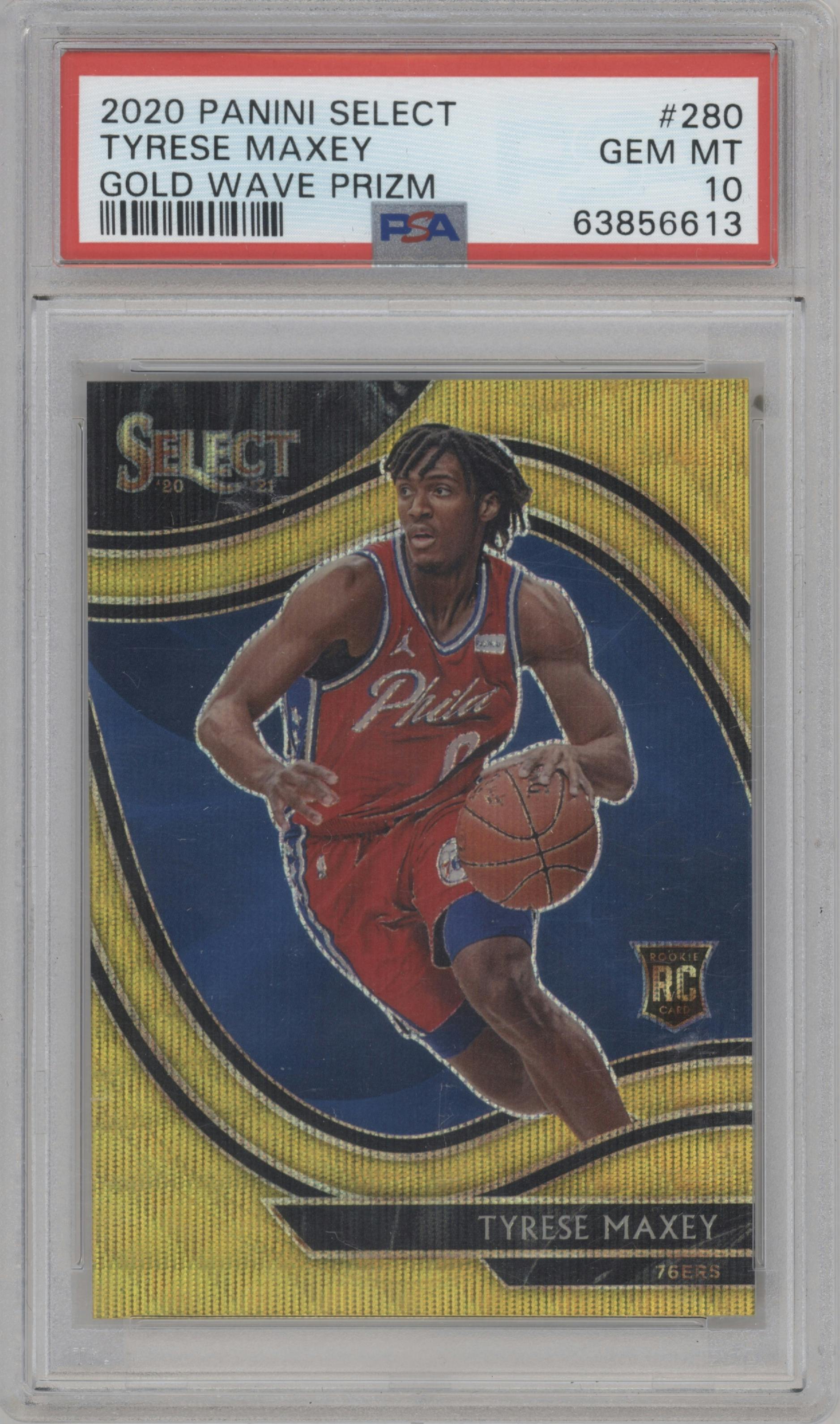 Tyrese Maxey from the 2020-21 Panini Select  set featuring a Gold Wave  parallel graded by PSA and given an overall grade of 10.