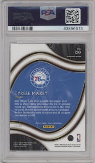 Tyrese Maxey from the 2020-21 Panini Select  set featuring a Gold Wave  parallel graded by PSA and given an overall grade of 10.