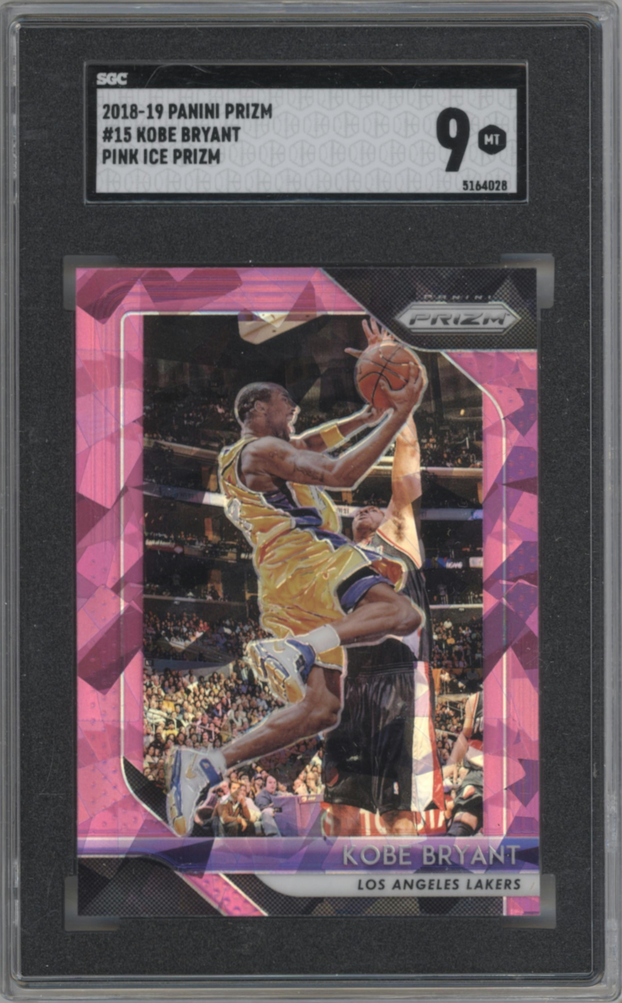 Kobe Bryant from the 2018-19 Panini Prizm set featuring a Pink Ice parallel graded by SGC and given an overall grade of 9.