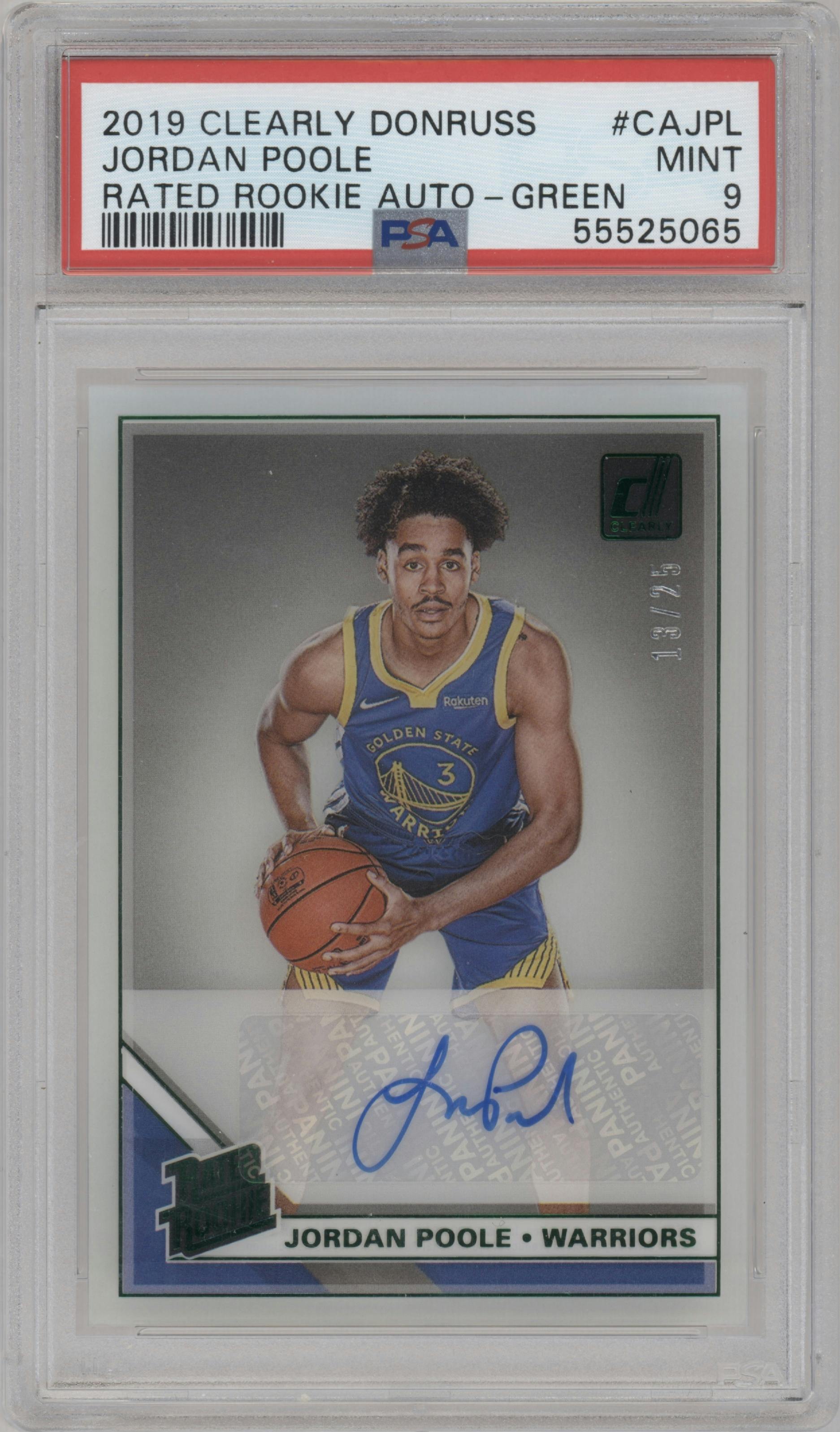 Jordan Poole from the 2019-20 Panini Clearly Donruss set featuring a Green parallel graded by PSA and given an overall grade of 9.