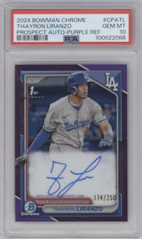 Thayron Liranzo from the 2024 Bowman Chrome set featuring a Purple Refractor parallel graded by PSA and given an overall grade of 10.