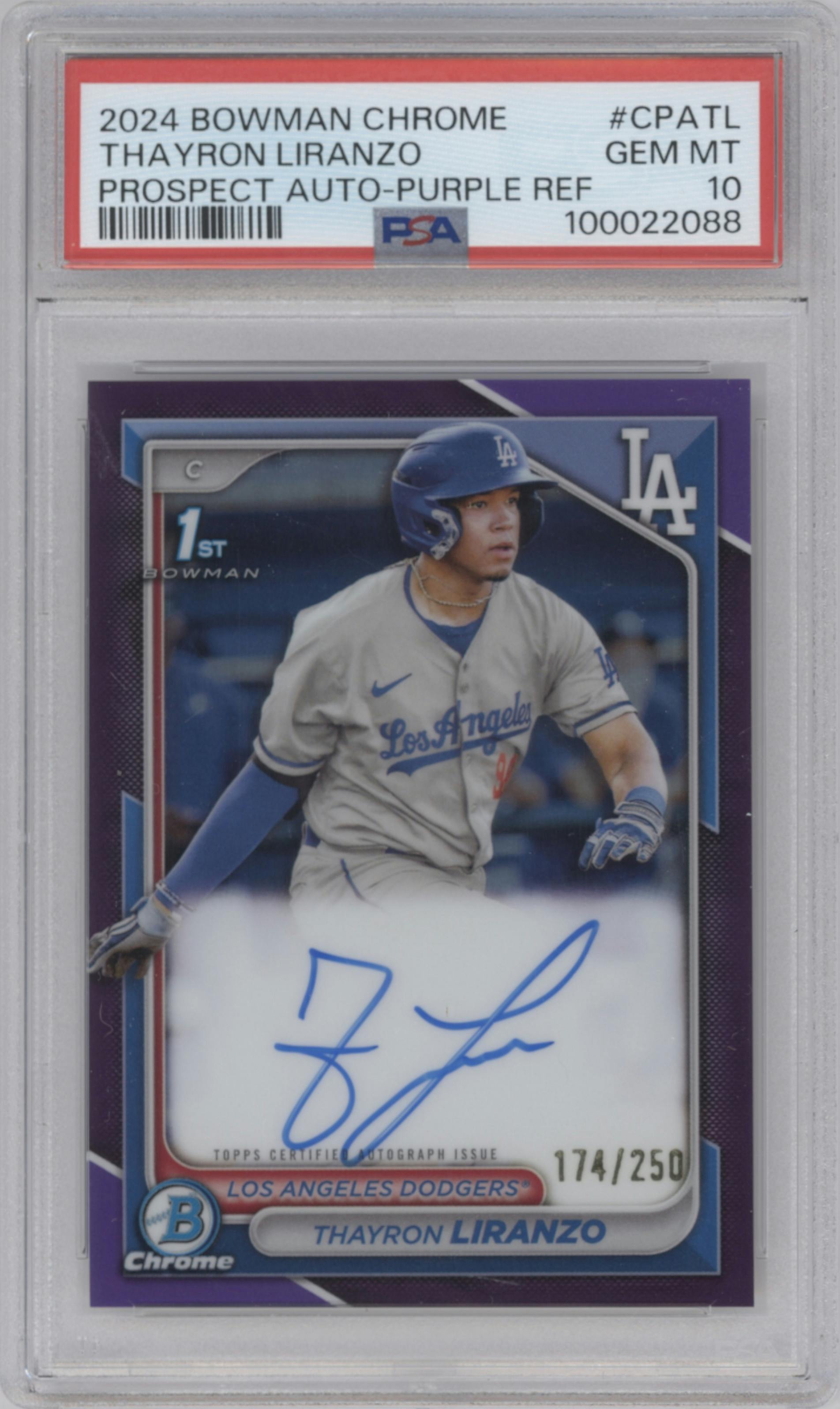 Thayron Liranzo from the 2024 Bowman Chrome set featuring a Purple Refractor parallel graded by PSA and given an overall grade of 10.