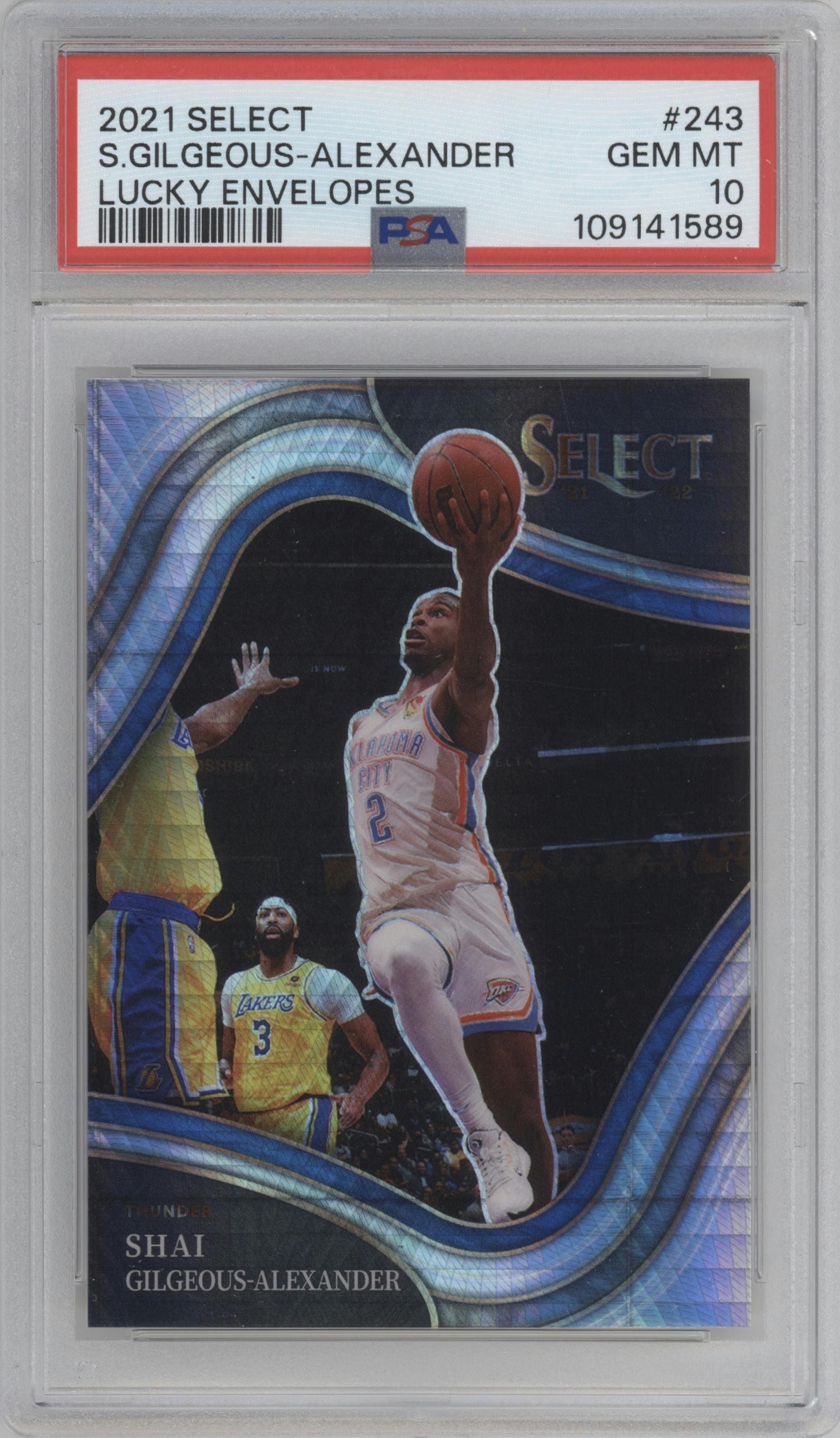 Shai Gilgeous-Alexander from the 2021-22 Panini Select set featuring a Lucky Envelopes parallel graded by PSA and given an overall grade of 10.