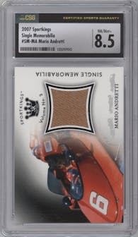 Mario Andretti from the 2022 Sportkings Volume 3 Multi-Sport set featuring a Black parallel graded by CSG and given an overall grade of 8.5.
