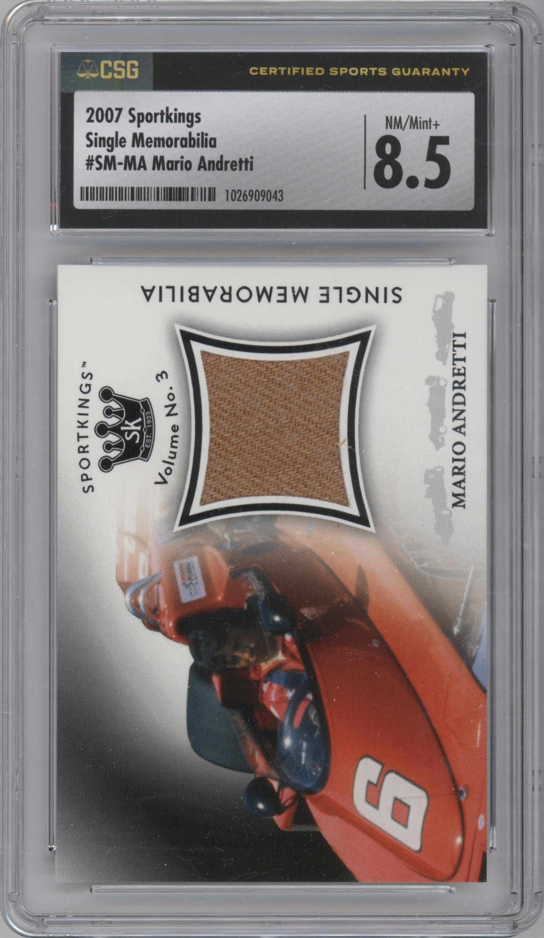 Mario Andretti from the 2022 Sportkings Volume 3 Multi-Sport set featuring a Black parallel graded by CSG and given an overall grade of 8.5.