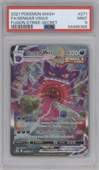 Gengar VMAX from the 2021 Pokemon SWSH set graded by PSA and given an overall grade of 9.