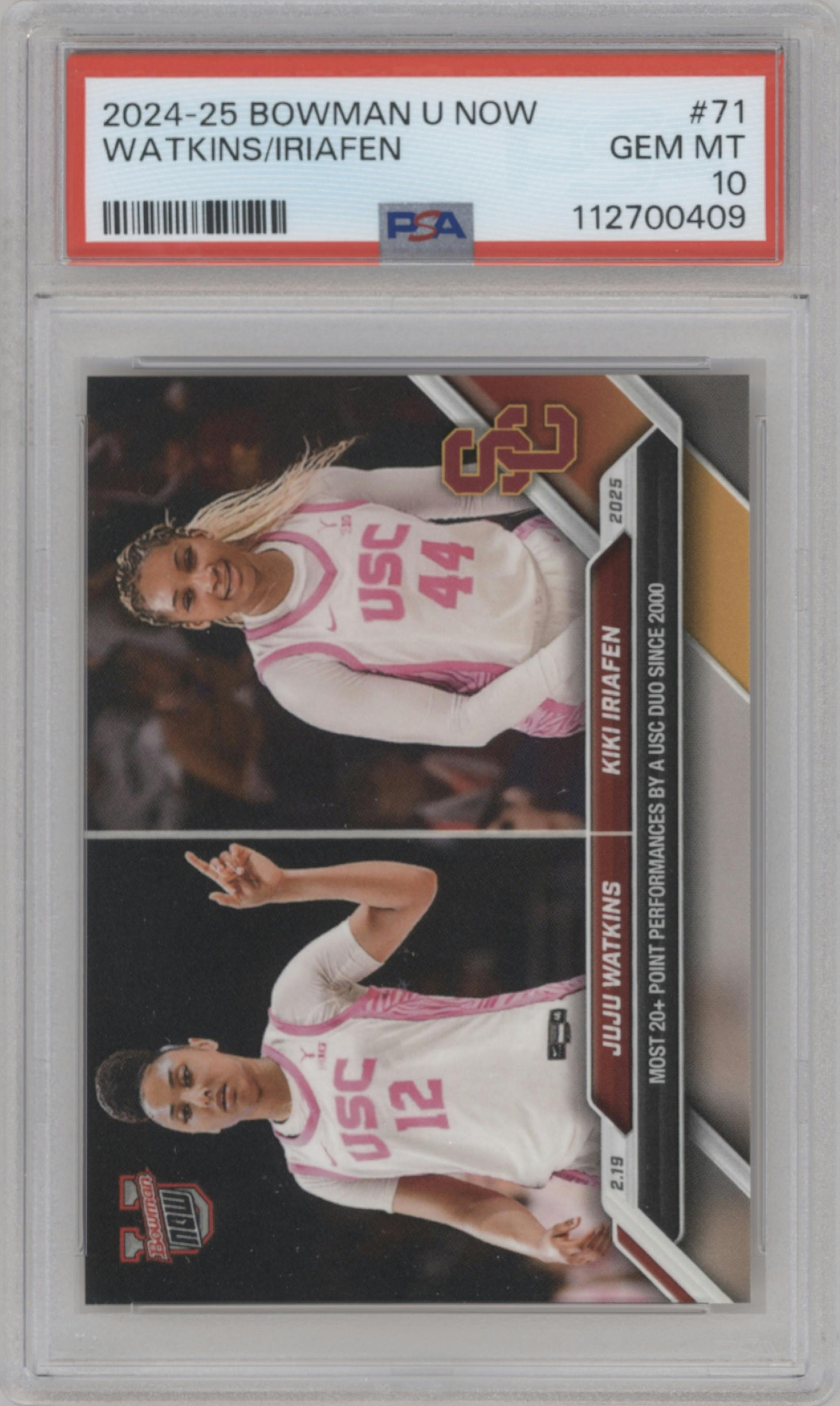 JuJu Watkins / Kiki Iriafen from the 2024-25 Bowman U Now set graded by PSA and given an overall grade of 10.