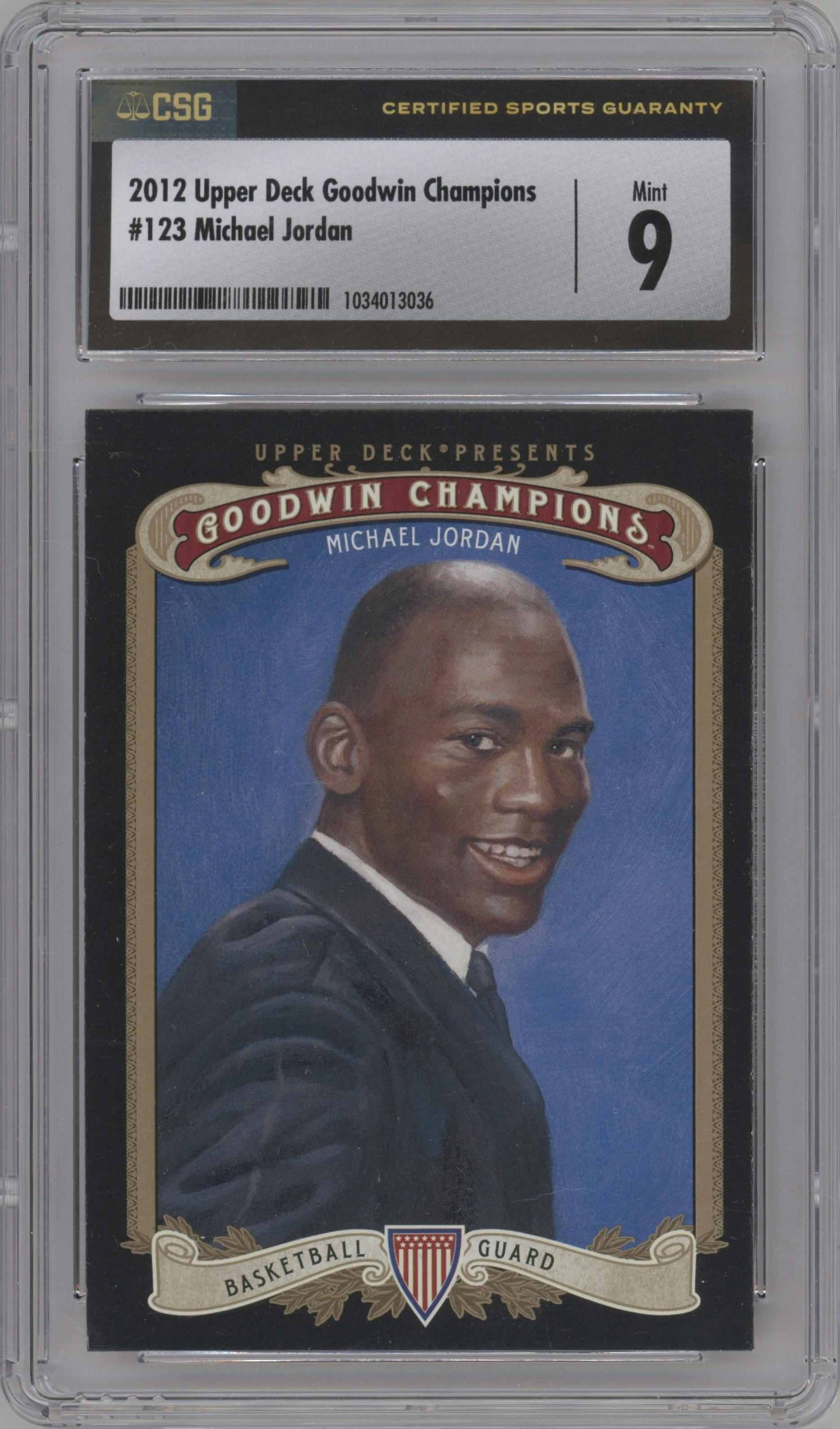 Michael Jordan from the 2012 Upper Deck Goodwin Champions set graded by CSG and given an overall grade of 9.