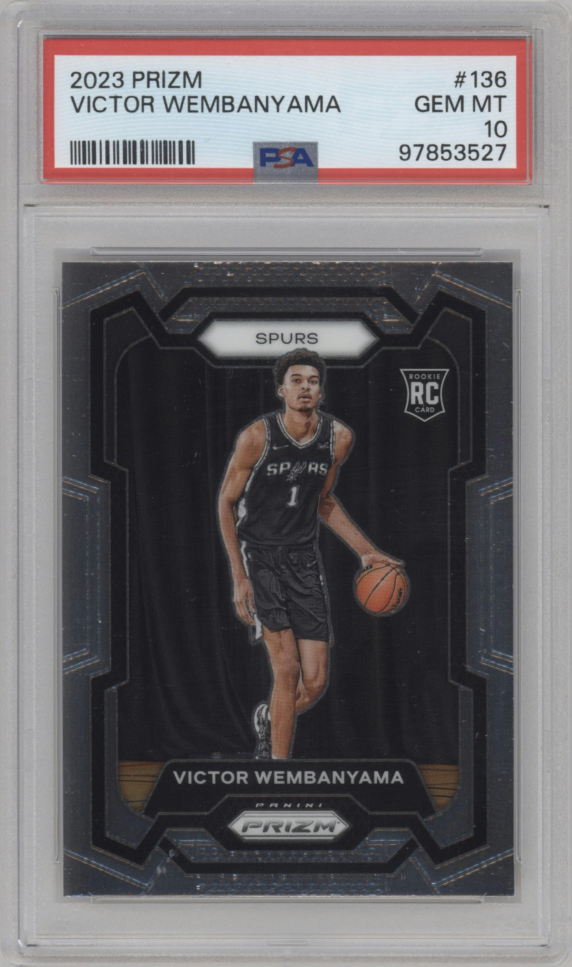 Victor Wembanyama from the 2023-24 Panini Prizm set graded by PSA and given an overall grade of 10.
