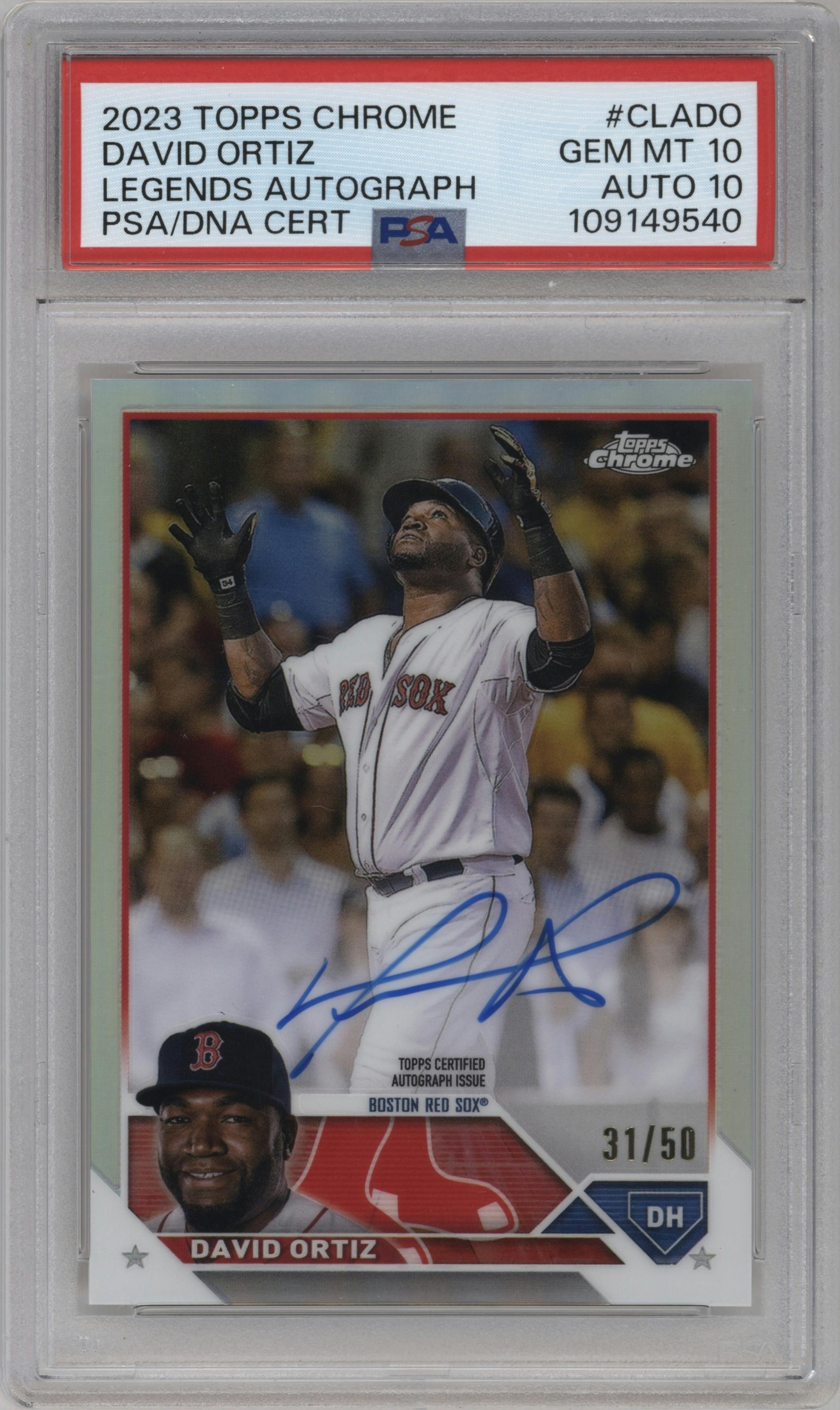 David Ortiz from the 2023 Topps Chrome set graded by PSA and given an overall grade of 10.