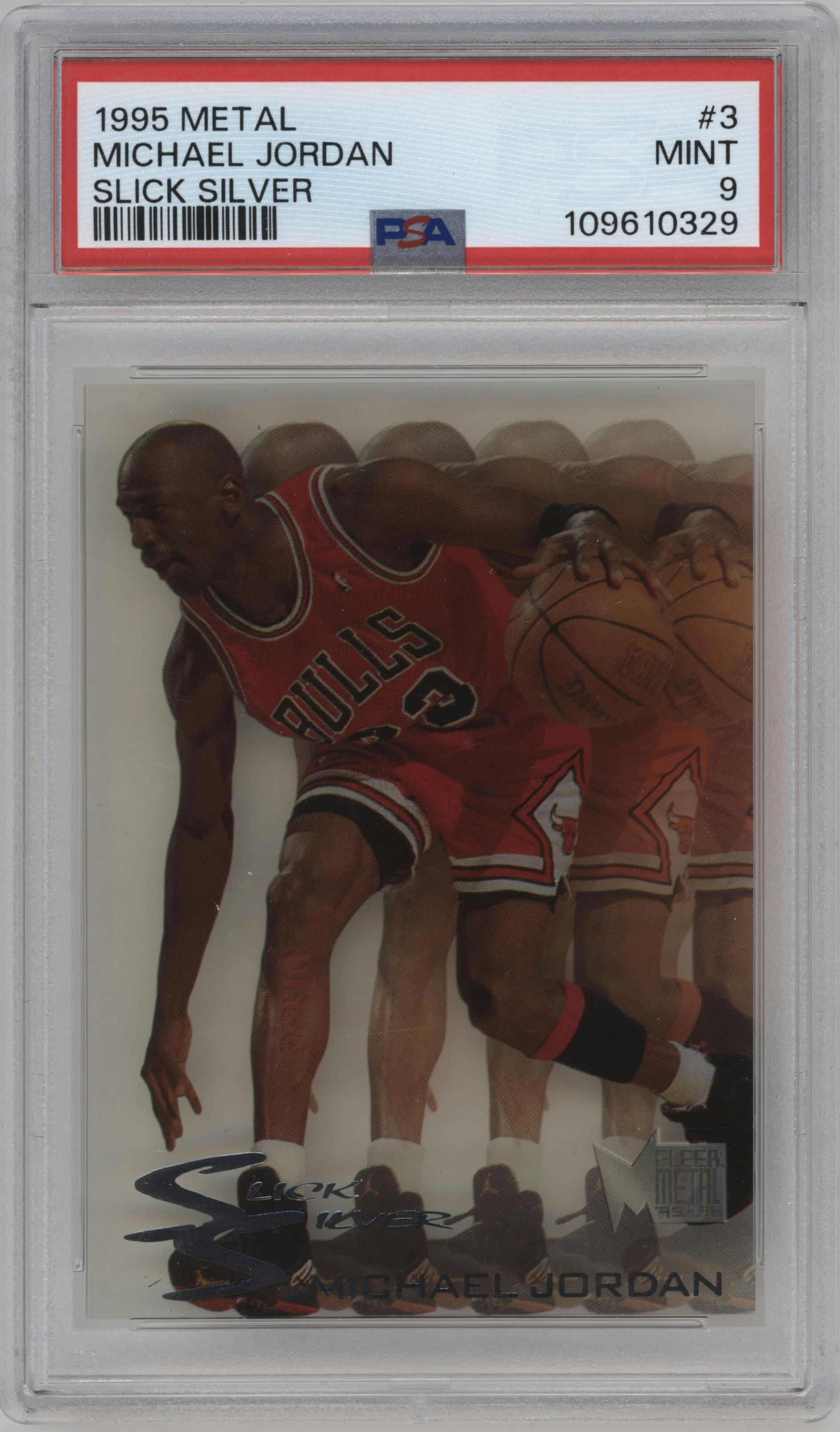 Michael Jordan from the 1995-96 Fleer Metal set graded by PSA and given an overall grade of 9.