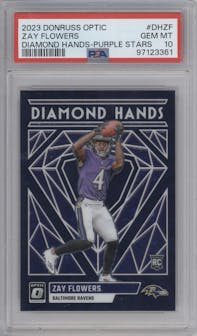 Zay Flowers from the 2023 Donruss Optic set featuring a Purple Stars parallel graded by PSA and given an overall grade of 10.