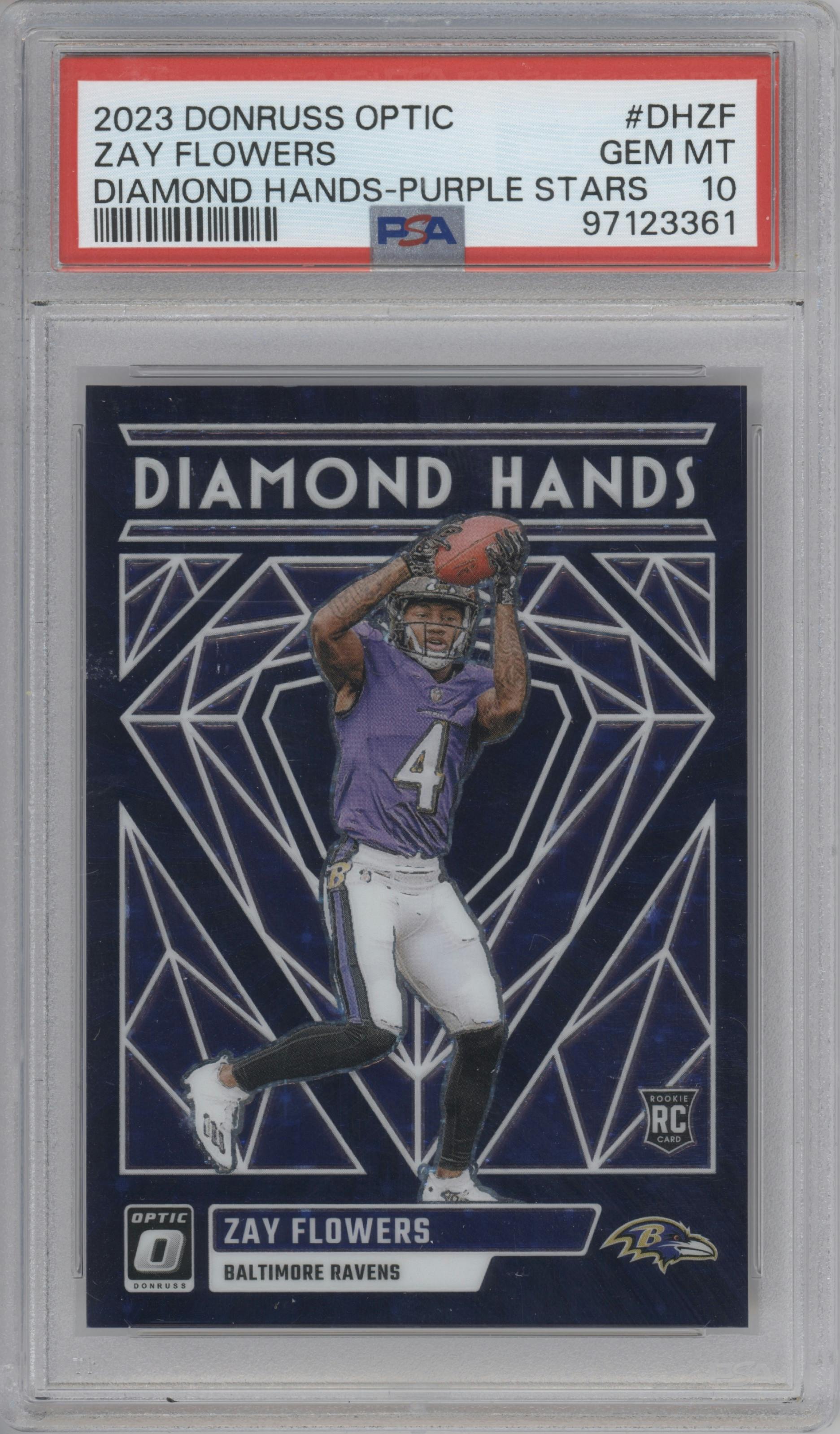 Zay Flowers from the 2023 Donruss Optic set featuring a Purple Stars parallel graded by PSA and given an overall grade of 10.
